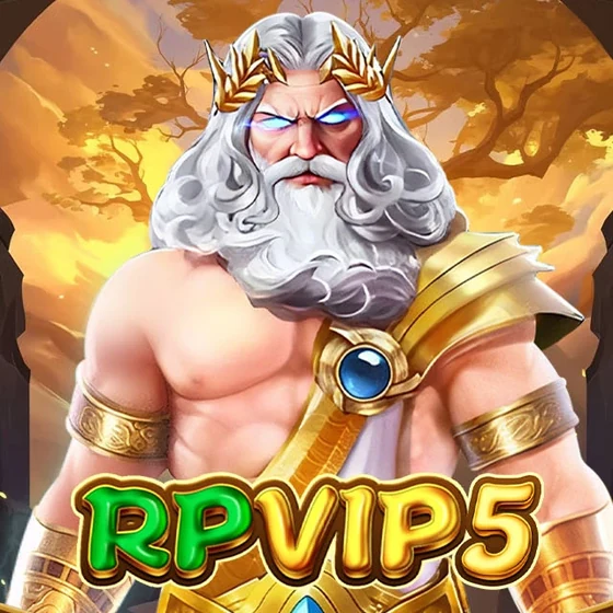 Artwork resmi rpvip5: Zeus bermahkota laurel emas dengan wordmark RPVIP5 di atas langit senja